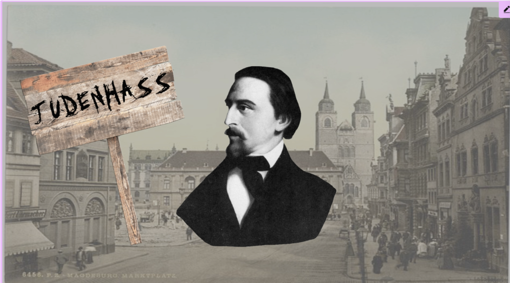 Wilhelm Marr next to sign saying 'Judenhass' (Hatred of Jews).